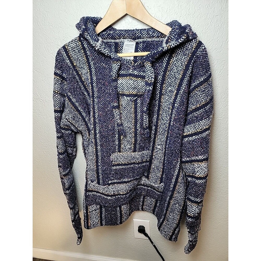 Artesanias Vega Baja Hoodie XL Drug Rug Mexican Pullover Striped Woven Poncho